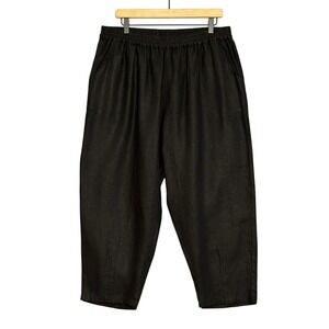 Boho Beachy Casual Womens Pants Plus 1X Black 100% Linen Easy Relaxed Cropped